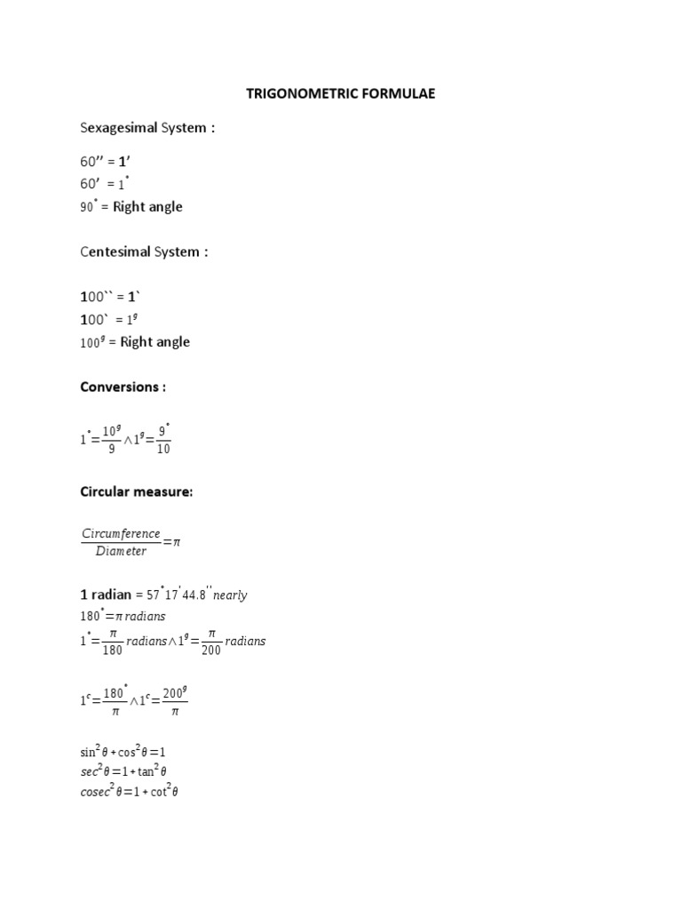 Trigonometric Formulas Overview | PDF | Trigonometric Functions | Metrology