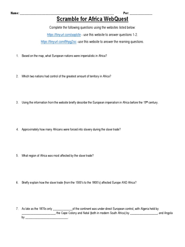 Scramble Webquest 9 Africa Imperialism