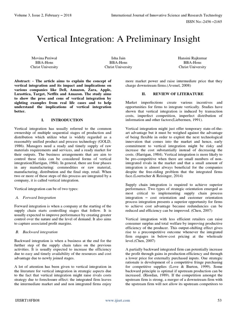 Vertical Integration A Preliminary Insight Pdf Supply Chain