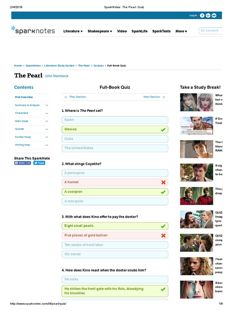 SparkNotes The Pearl Quiz PDF Leisure
