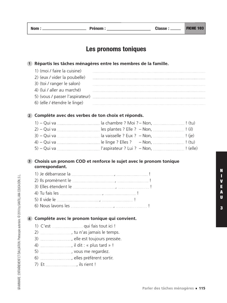Les Pronoms Exercices Corrigés Pdf Fiche103 LOS PRONOMBRES TÓNICOS PDF | PDF | Syntaxe | Grammaire