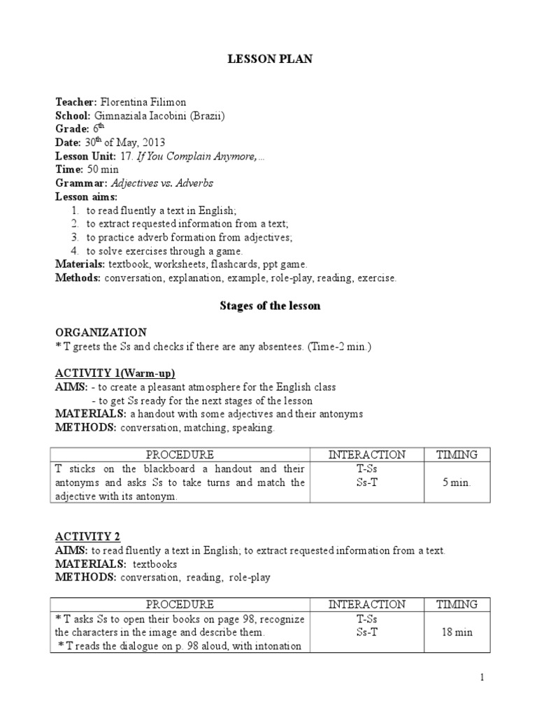 6th Grade English Lesson Plan | PDF | Adverb | Part Of Speech