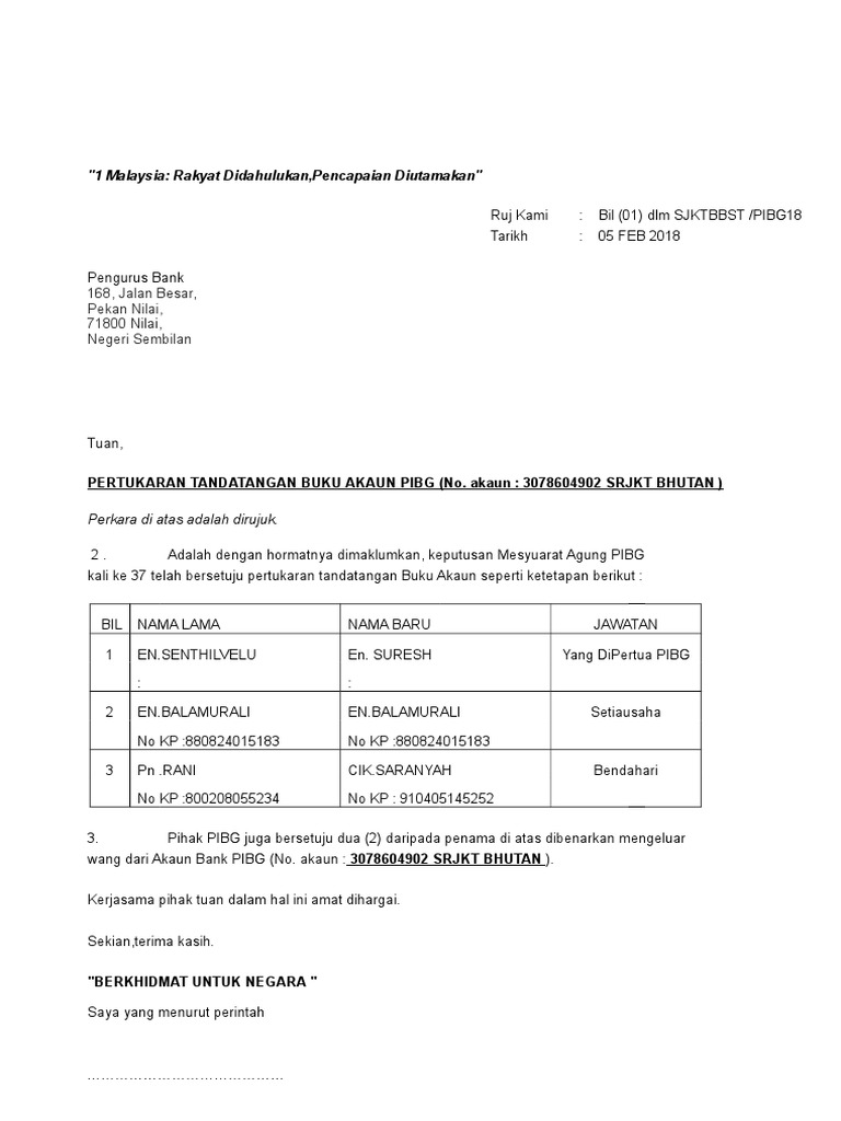 Surat Tukar Penama Akaun Bank Pibg Pdf