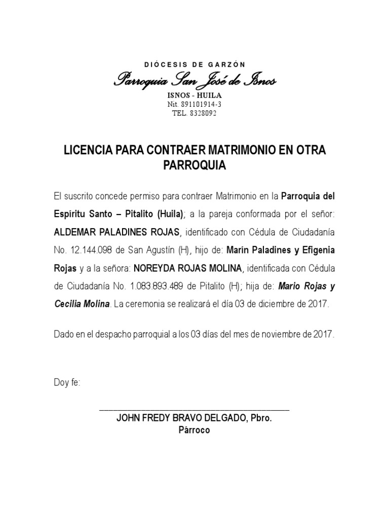 Permiso para Matrimonio en Otra Parroquia
