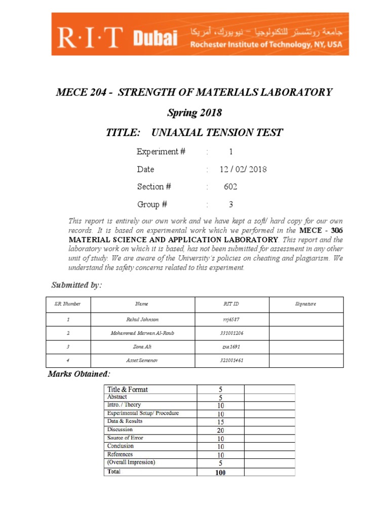 Uniaxial Tension Test Report 2018 | PDF | Strength Of Materials | Young ...