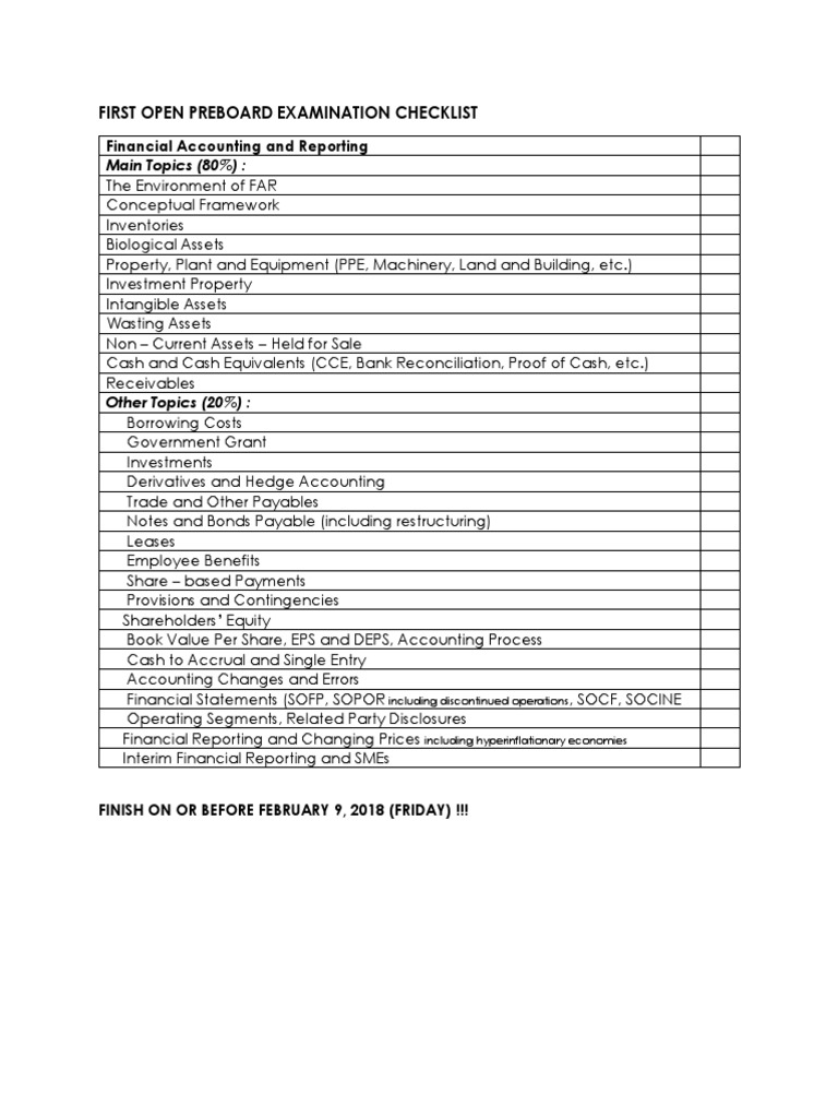First Open Preboard Examination Checklist: Main Topics (80%) | PDF