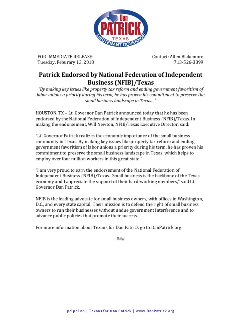 Patrick Endorsed by National Federation of Independent Business (NFIB ...