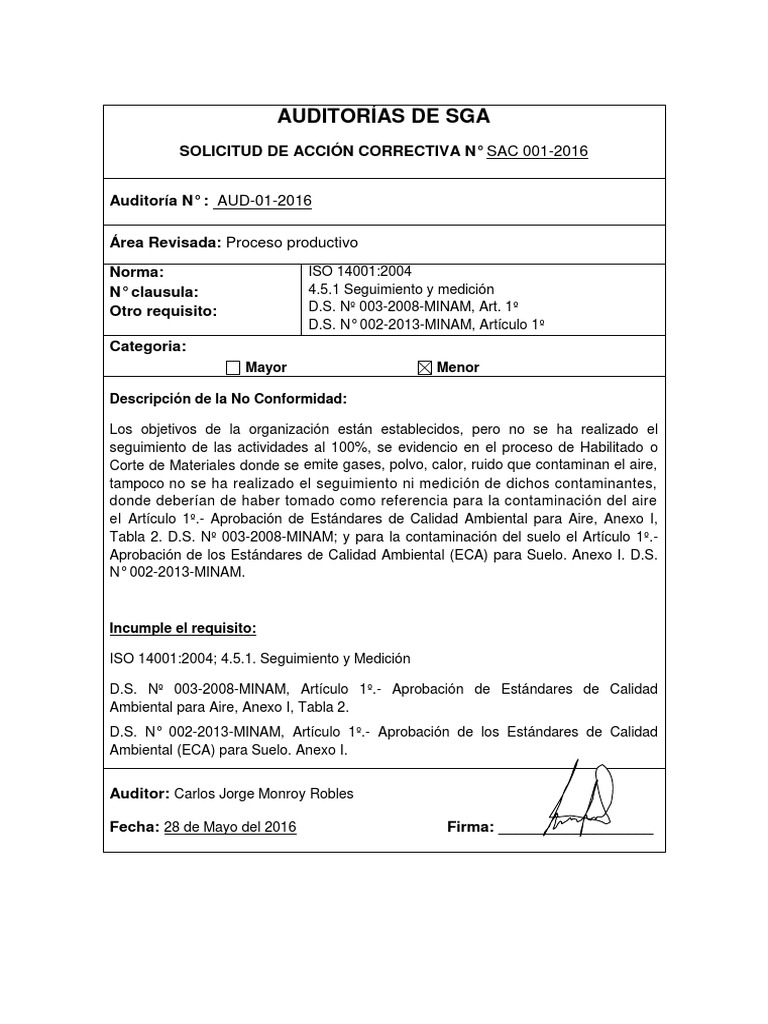 Solicitud De Accion Correctiva Y Preventiva Sac Sap Residuos Auditoria