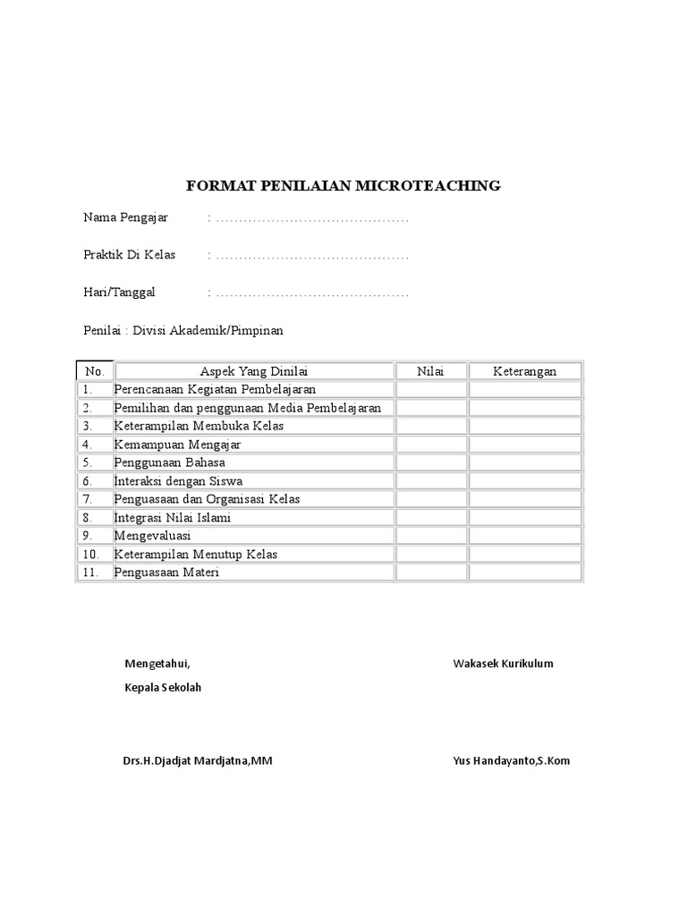Format Penilaian Microteaching Guru | PDF | Karier & Perkembangan