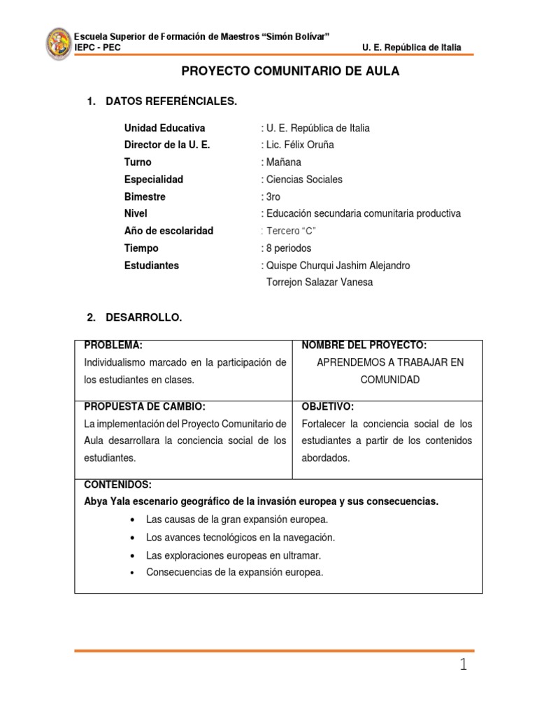 Proyecto Comunitario de Aula | PDF | Educación avanzada | Science