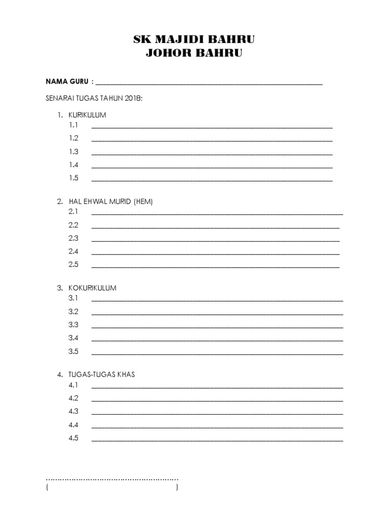 Contoh Borang Senarai Tugas