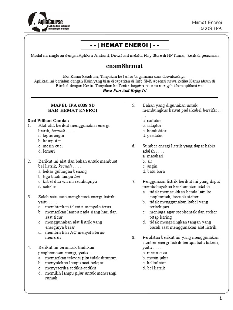 Soal Materi Hemat Energi Kelas 6