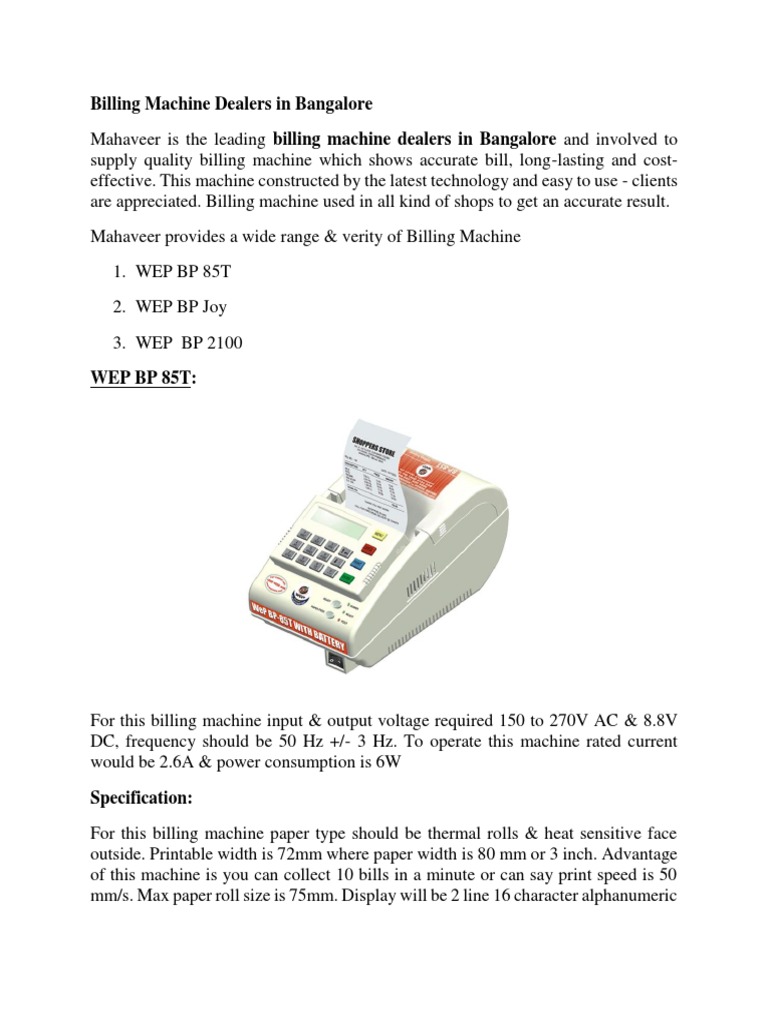 Billing Machine Dealers in Bangalore | PDF | Manufactured Goods ...