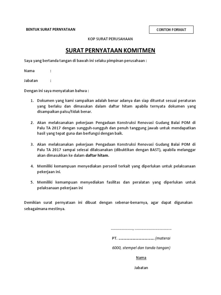 7 Bentuk Surat Pernyataan Komitmen Perusahaan