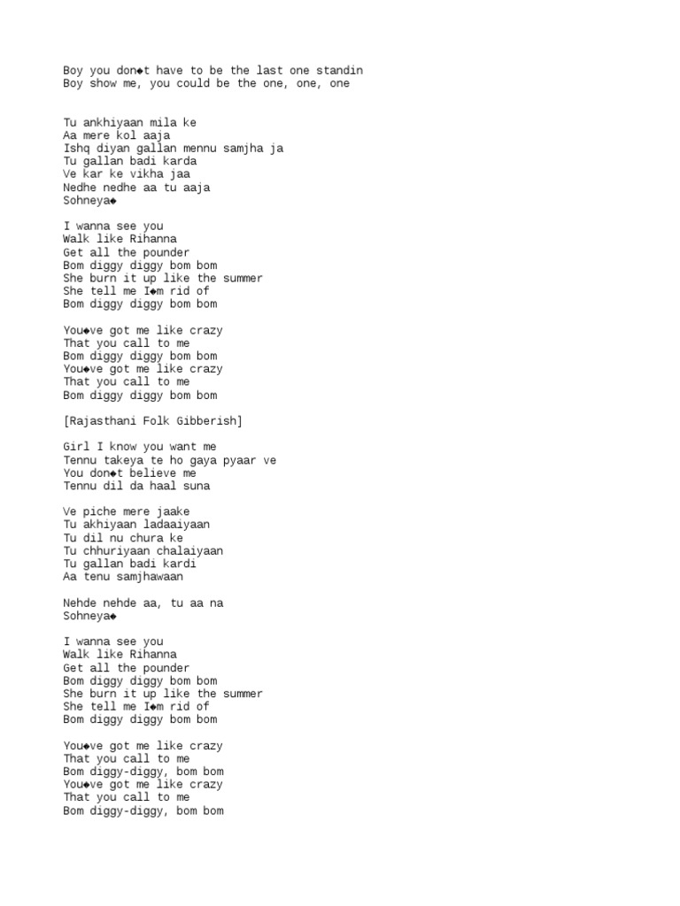 Bom Diggy Lyrics PDF