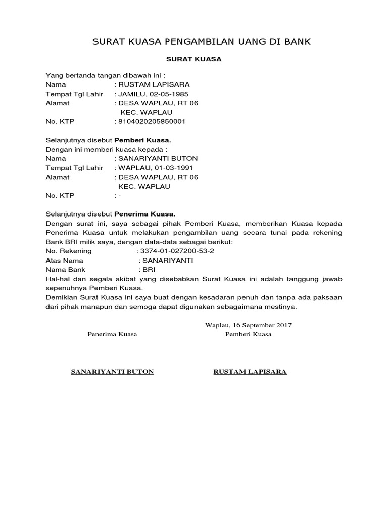 Contoh Surat Kuasa Pengambilan Uang Di Bank