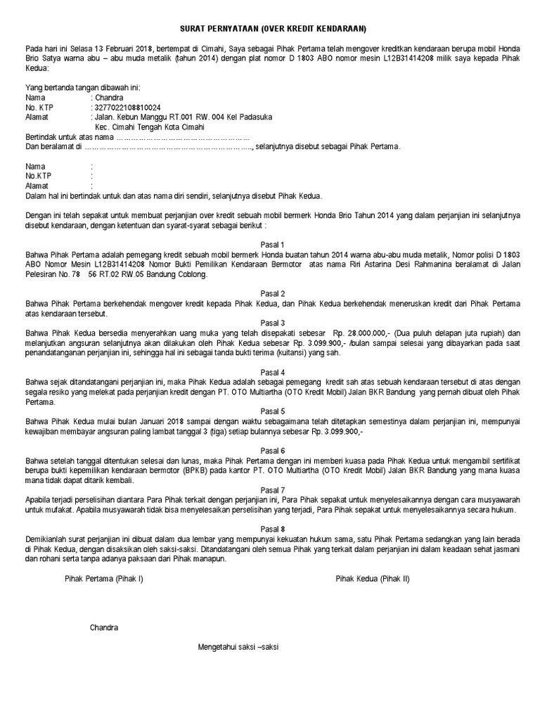 Contoh Surat Perjanjian Jual Beli Mobil Over Kredit