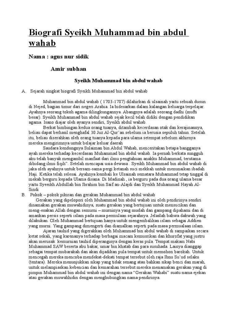 Biografi Syeikh Muhammad Bin Abdul Wahab