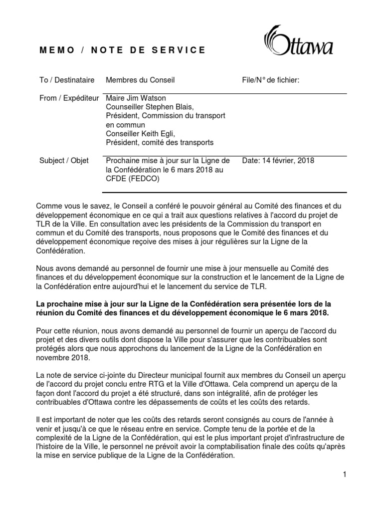 Note de Service Au Maire Et Aux Conseillers D'ottawa  Le 14 Février
