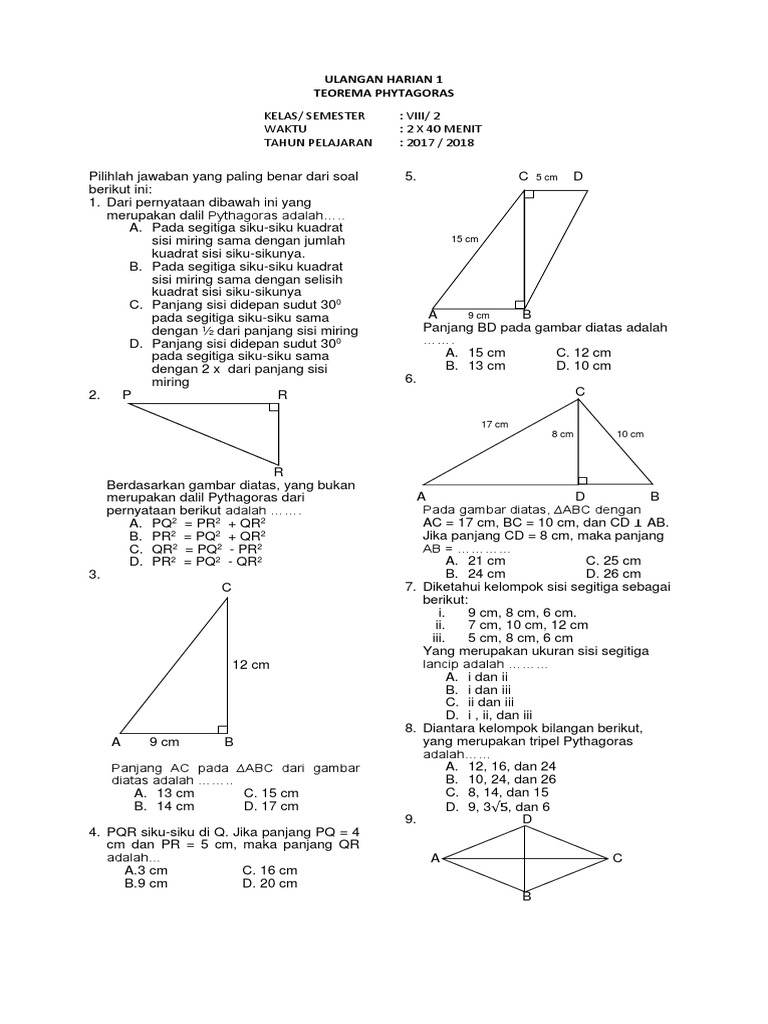 Soal Ulangan Teorema Pythagoras Kelas  Kurikulum   PDF