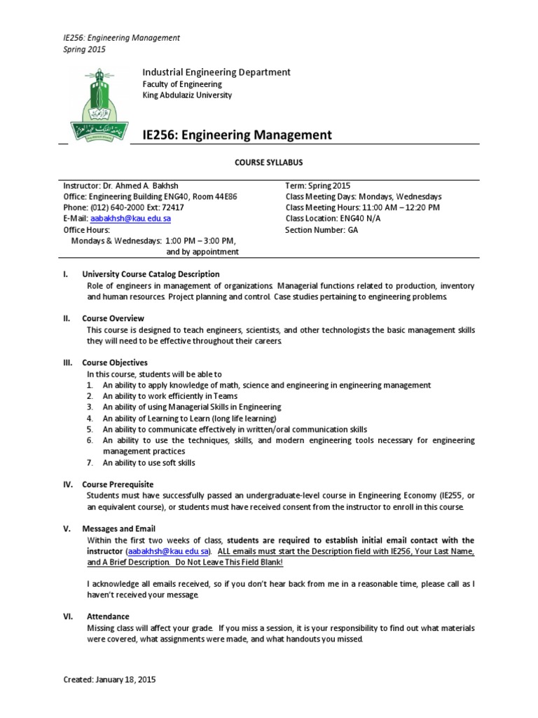 IE256 Engineering Management Syllabus | PDF | Case Study | Engineering