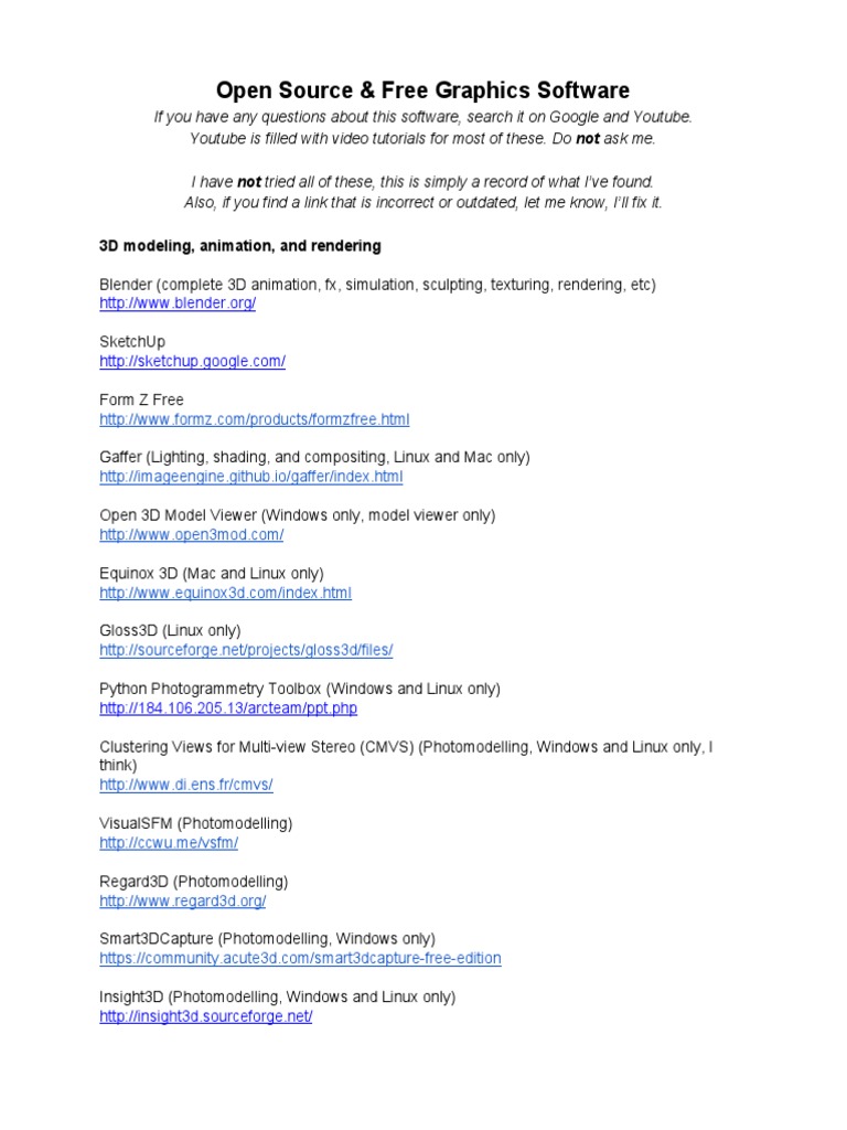 Open Source Software List PDF 3 D Modeling Adobe