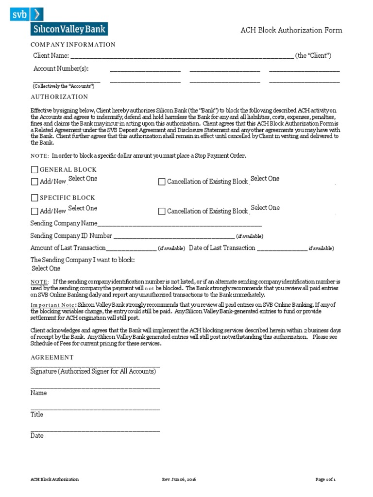 ACH Block Authorization Form | PDF | Financial Transaction | Banks