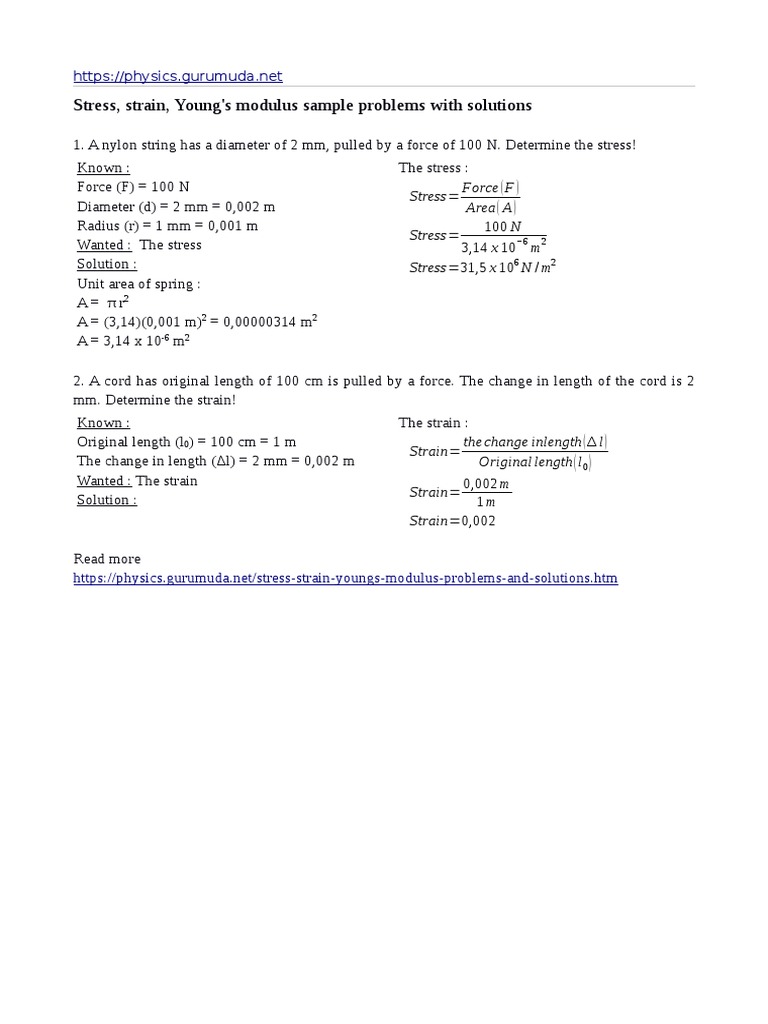 Stress Strain Youngs Modulus Sample Problems With Solutions Pdf