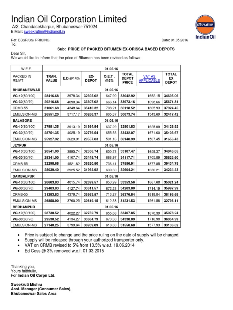 Price Bitumen 01.05.2016 PDF Payments Business