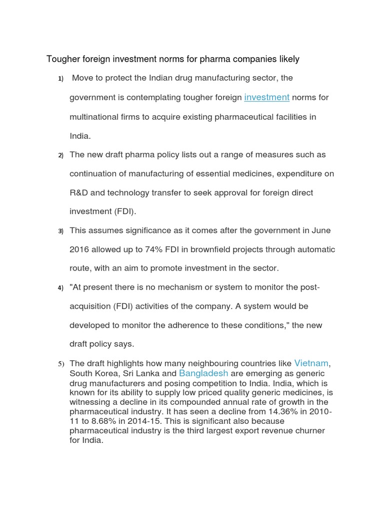 Foreign Investment Norms For Pharma PDF