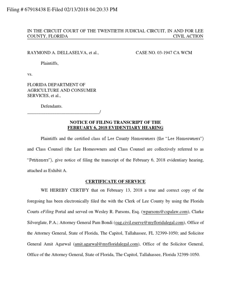 (Filed) Notice of Filing Transcript of 02.06.18 Evidentiary Hearing W ...