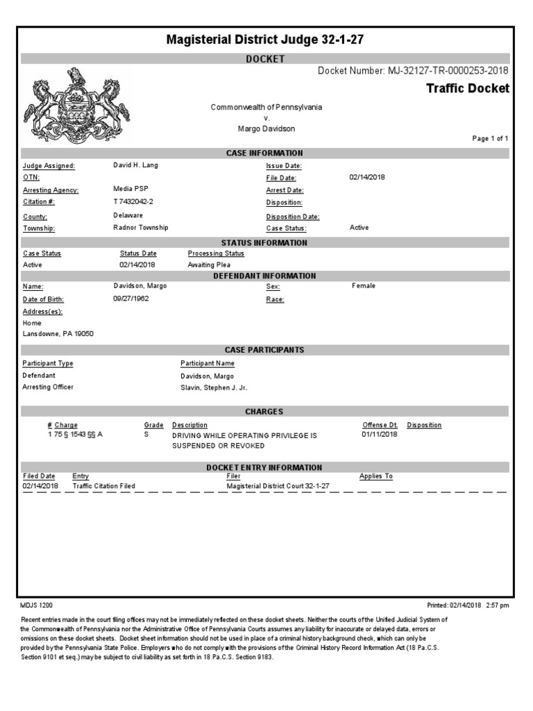 Margo Davidson Citation Criminal Record Pennsylvania