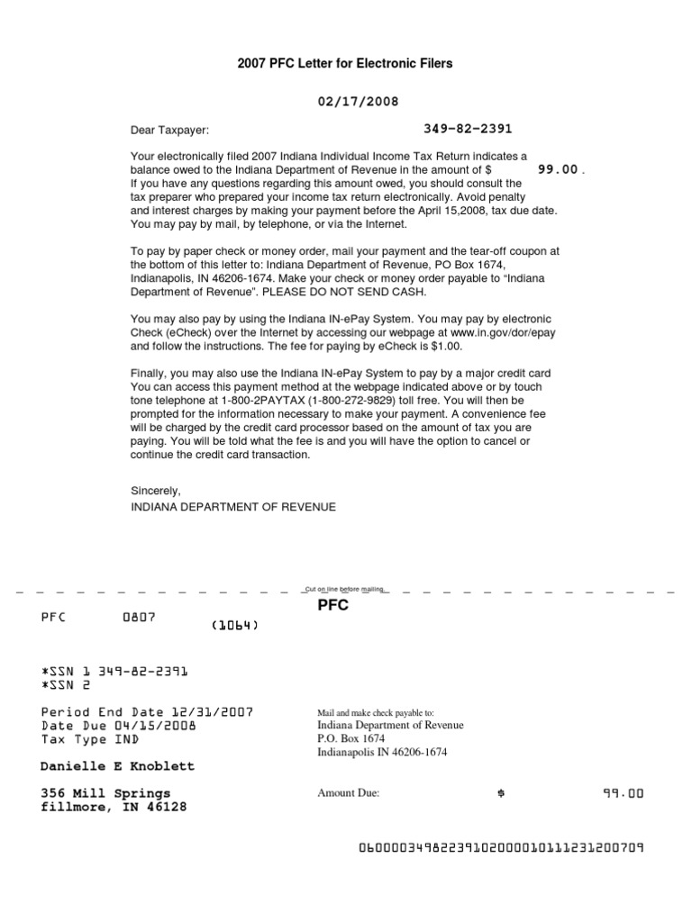 2007 Indiana Electronic Filing Danielle | PDF | Tax Refund | Tax Return ...