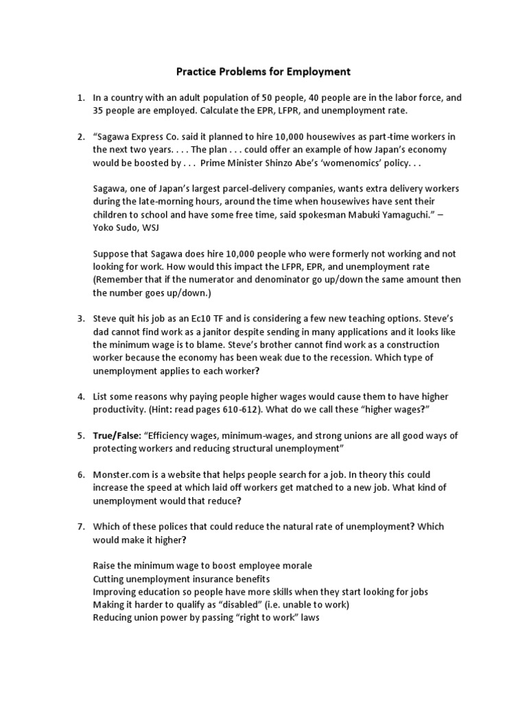 Employment Rate Calculation Practice | PDF | Unemployment | Social Science