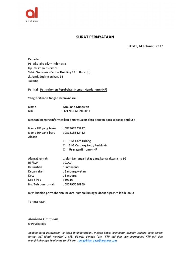 Surat Pernyataan Perubahan No Hp The collection that consisting of chosen picture and the best.