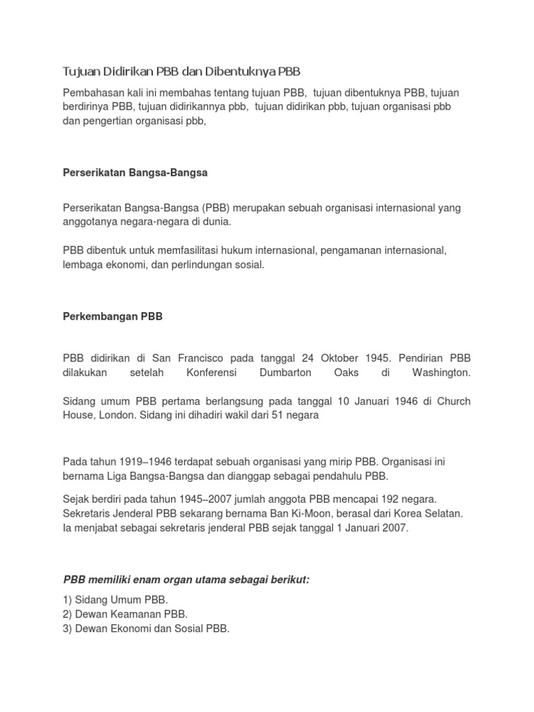 Tujuan Didirikan Pbb Dan Dibentuknya Pbb