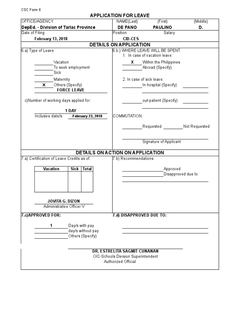 DepEd Tarlac Leave Application Form 6 | PDF