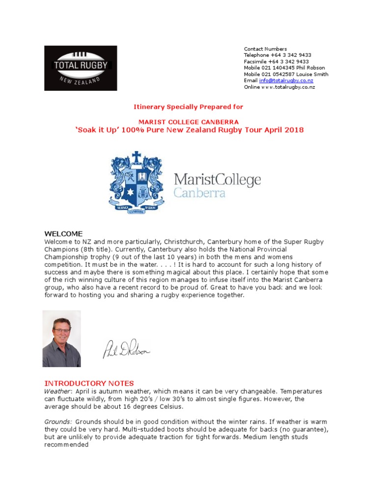 Marist College Canberra Rugby Tour 2018 Full Itinerary | PDF | Rugby ...