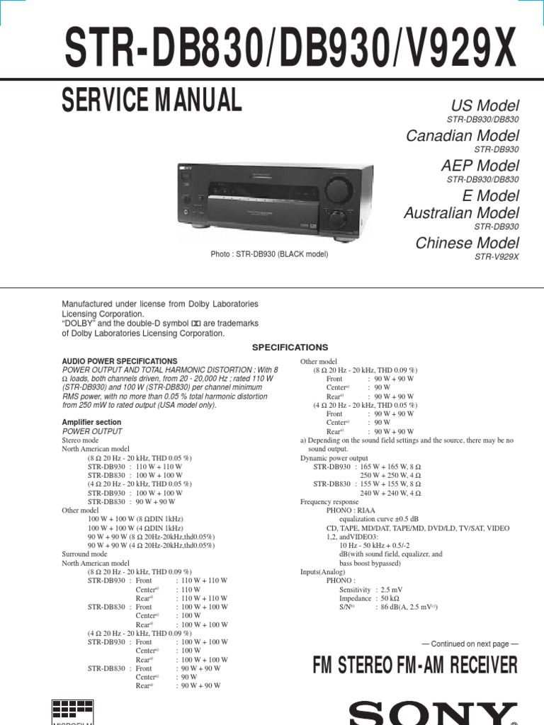 Sony STR-DB930/DB830 Service Manual | PDF | Sound | Sound Production