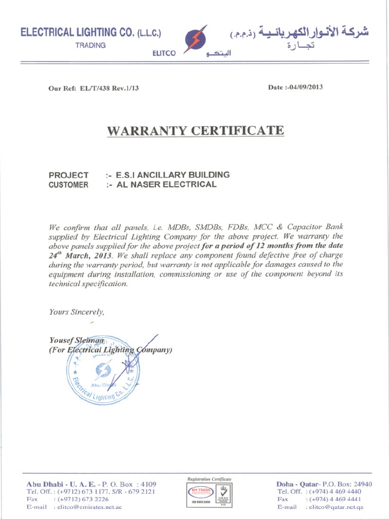 Warranty Certificate_LV Switchgear