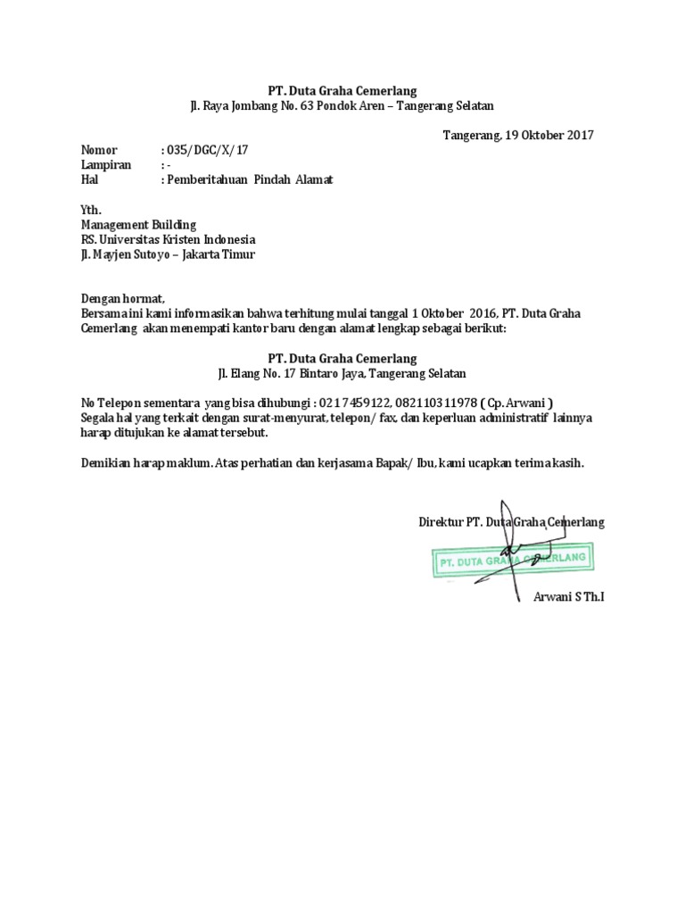 Contoh Surat Perubahan Alamat Perusahaan Kumpulan Contoh Surat
