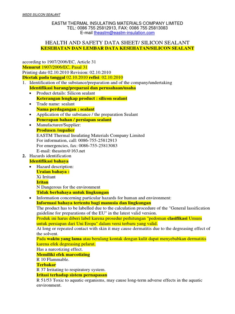 Msds Silicon Sealant Bahasa Indonesia