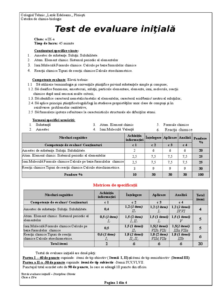 Test Initial Clasa A Ix - 2012 | PDF