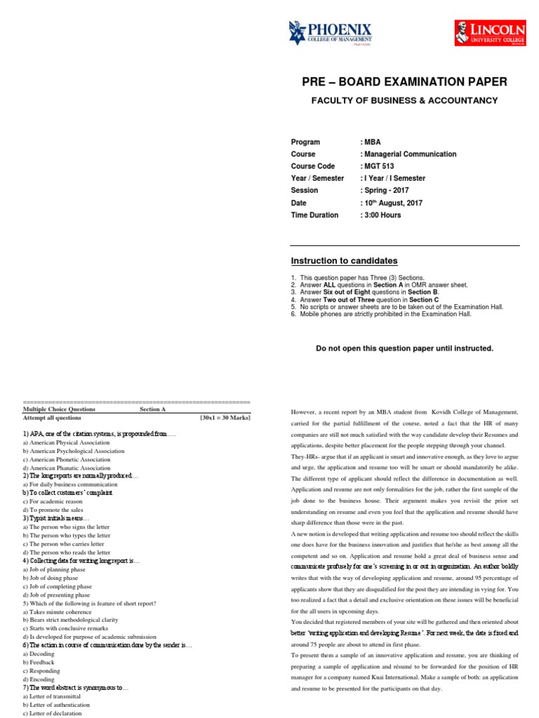 MBA Managerial Communication Exam Paper | PDF | Résumé | Nonverbal ...