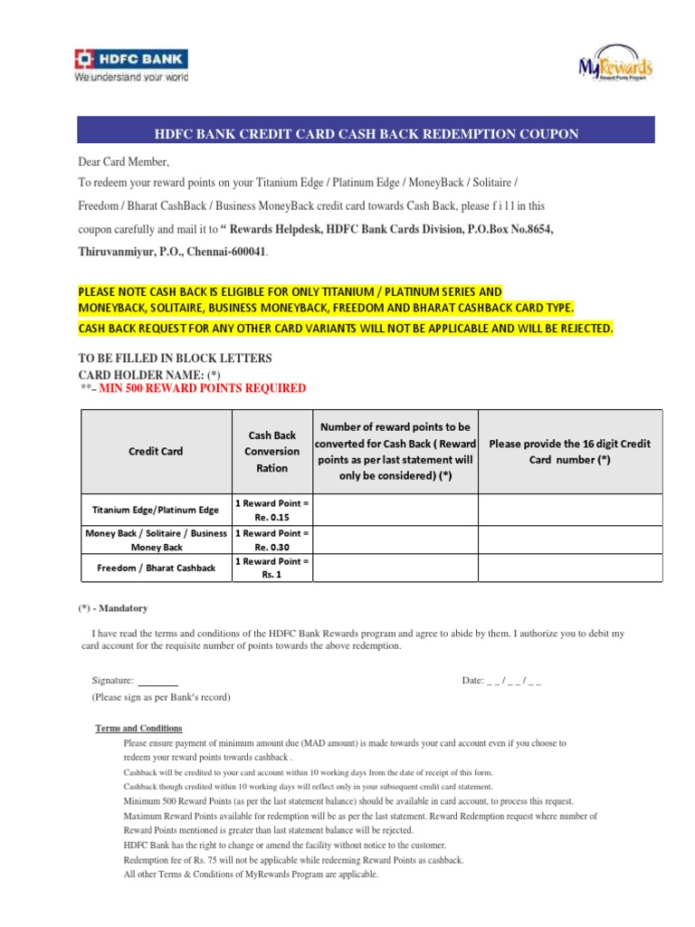 Cashback Redemption Form Credit Card Loyalty Program