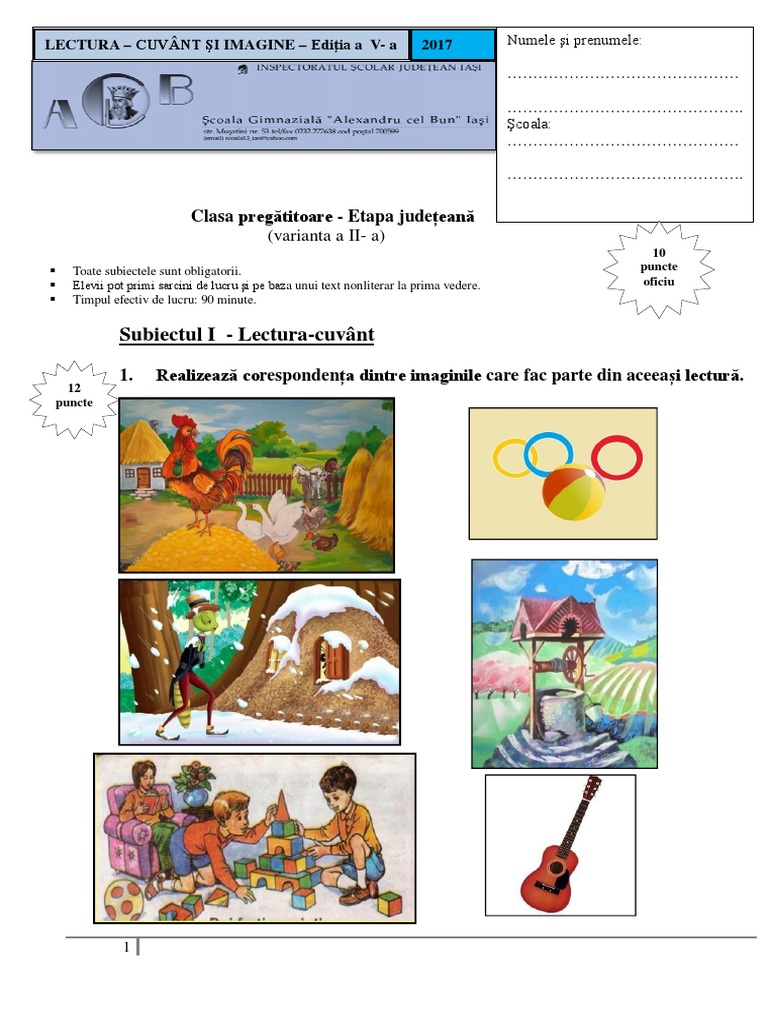 Subiect Lectura Judeteana 2017 Clasa Pregatitoare