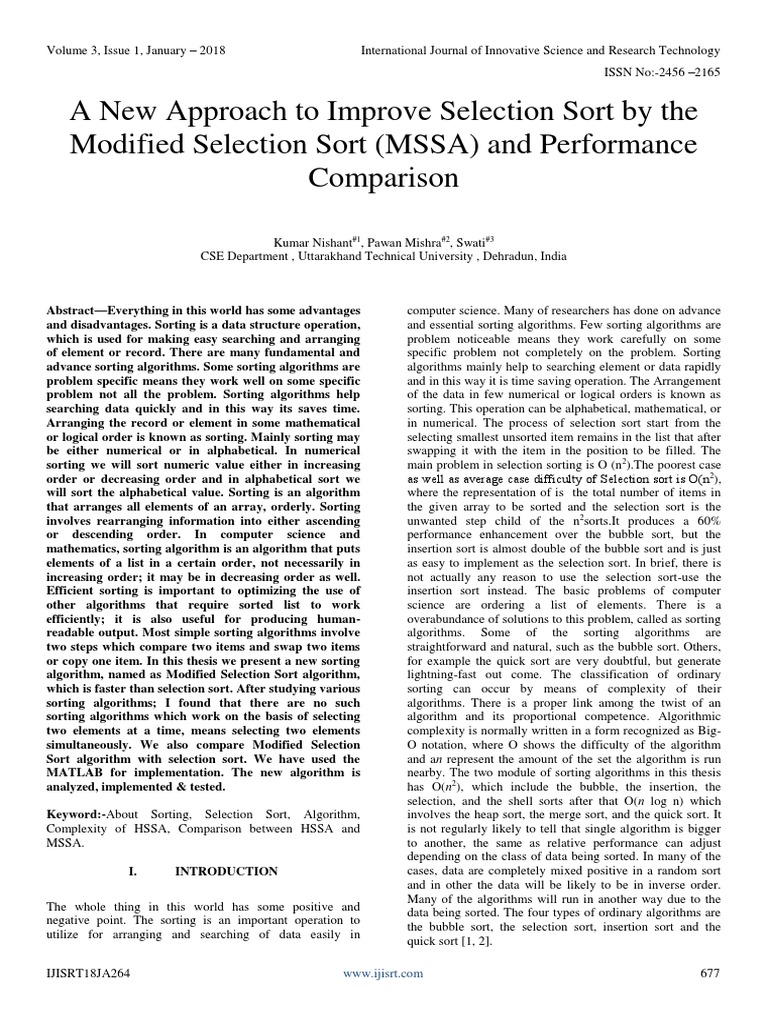Modified Selection Sort Algorithm Analysis | PDF | Algorithms ...