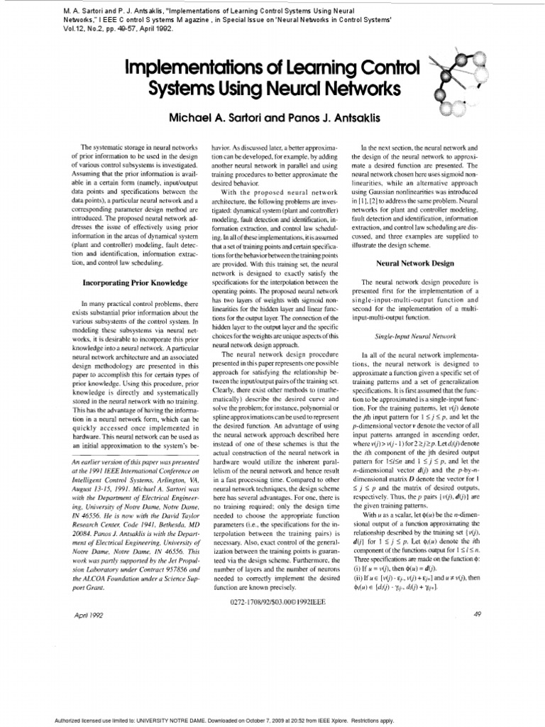 Neural Networks for Control Systems | PDF | Artificial Neural Network ...