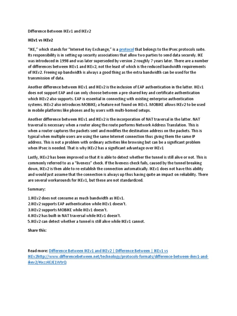 IKEv1 vs IKEv2: Key Differences Explained | PDF | Router (Computing ...