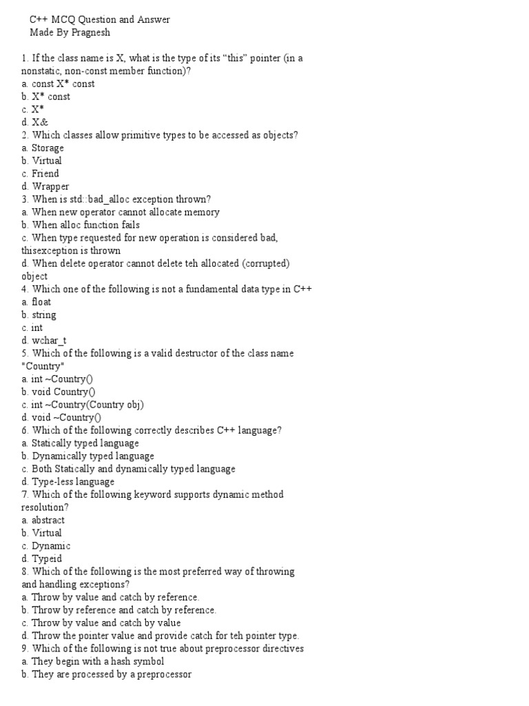 C++ MCQ Questions and Answers | PDF | C (Programming Language) | C++